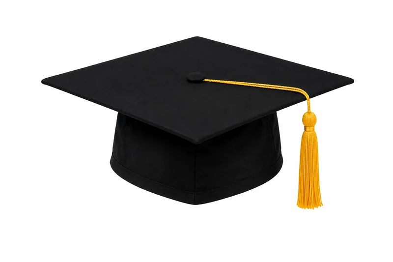 Mortar board hitam dengan jumbai emas