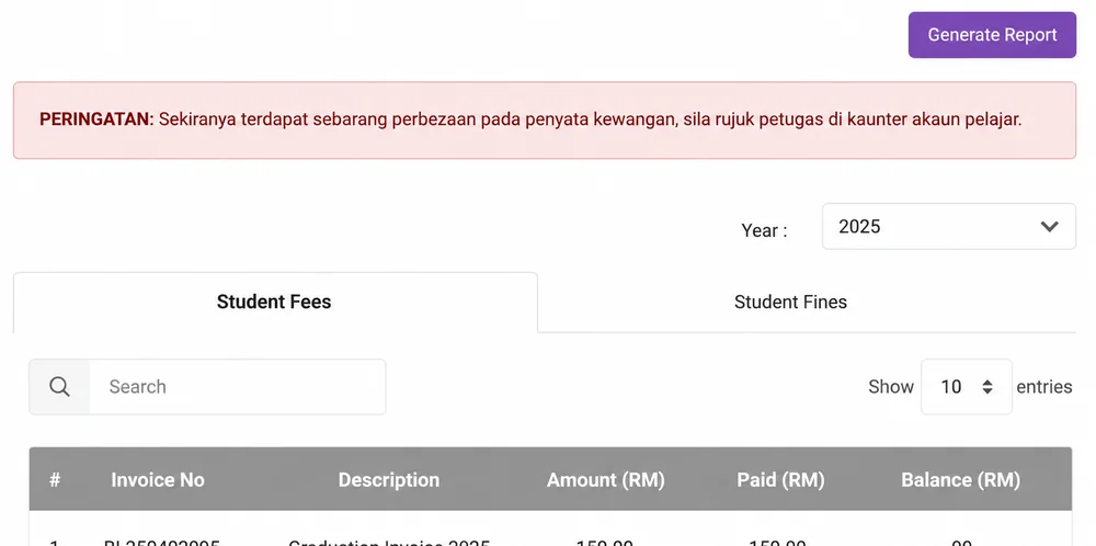 Contoh penyata kewangan pelajar dalam UniSIS
