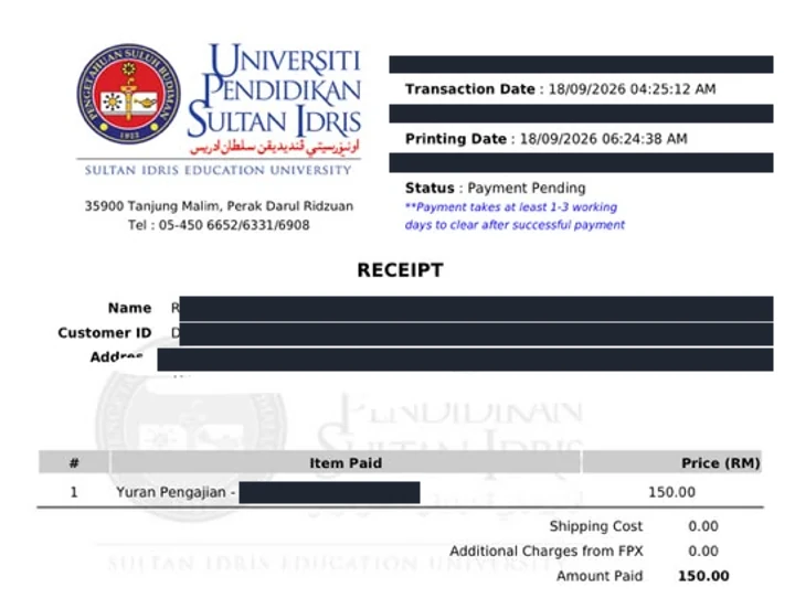 Resit ePayment UPSI yuran konvokesyen RM150 dengan status Payment Pending
