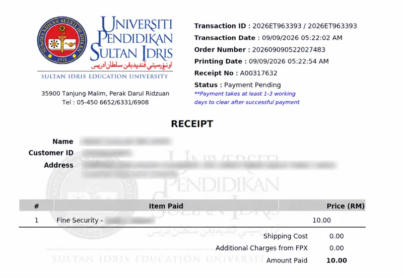 Contoh resit ePayment bayaran denda UPSI