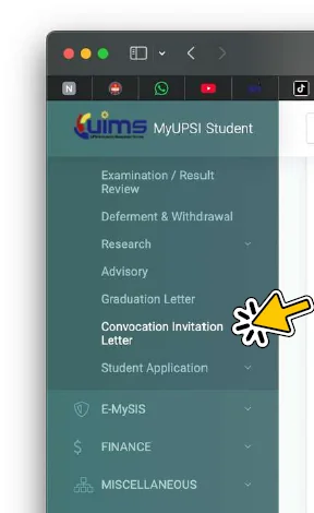 Menu MyUPSI Student dengan pilihan Convocation Invitation Letter